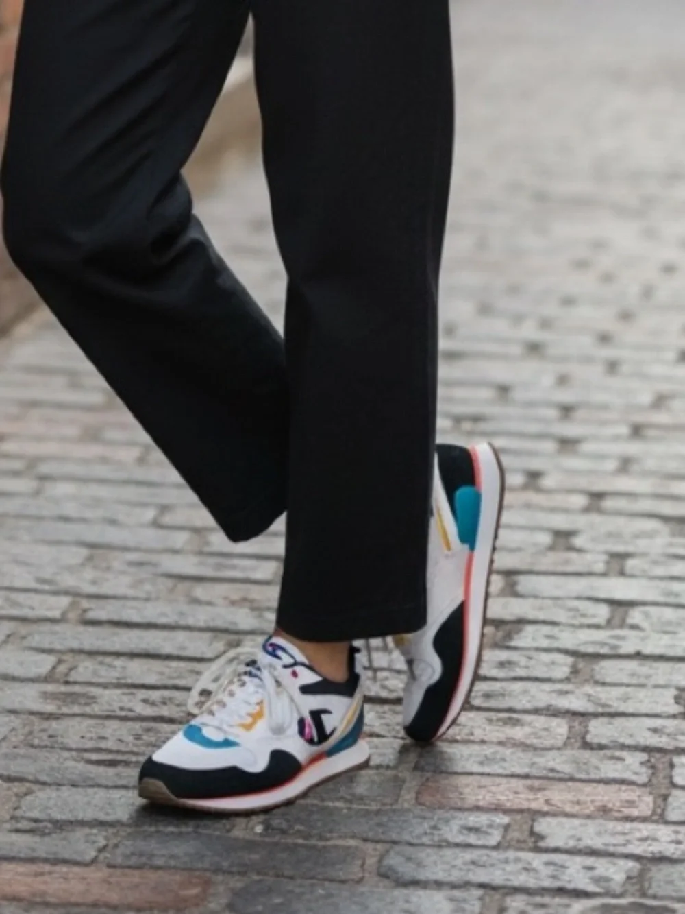 Champion White Black‎ Retro Runner Sneakers with Blue and Yellow Accents